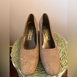 Ferragmo Salvator Suede Leather Block Heeled Shoes - 8.5